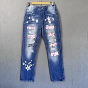 Be Kind Jeans Women 8 Blue Distressed Patchwork Floral Graphic‎ Straight Denim